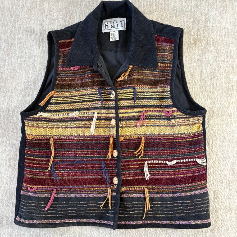 Keren Hart Tapestry Boho Vest Women M Southwestern Wood Button Festival Vintage‎